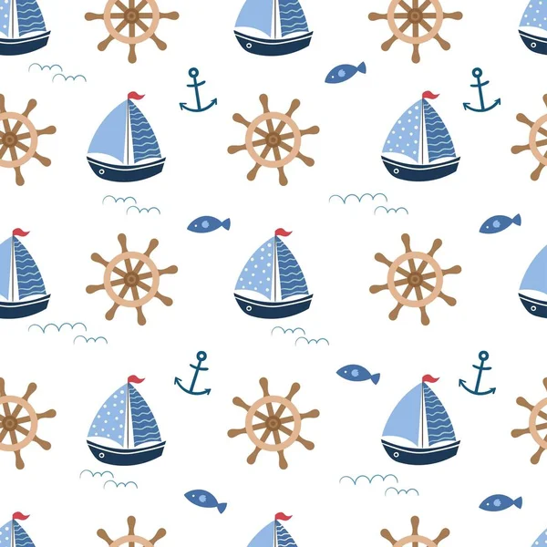 Nautical Summer Seamless Pattern Seasonal Wallpaper Yachts — Image vectorielle