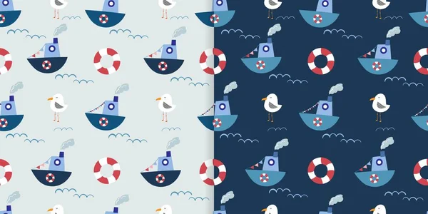 Nautical Seamless Patterns Set Cute Boats Seagull Life Buoy Doodle — ストックベクタ