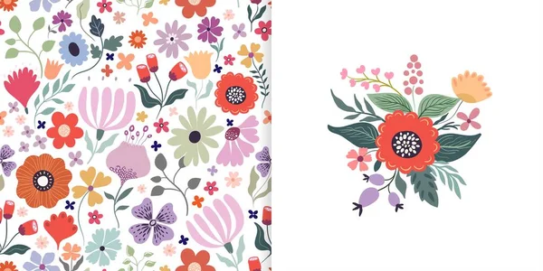 Floral Set Beautiful Seamless Pattern Different Flowers Simple Card Flowers — Stockvektor