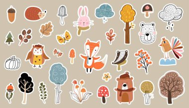 Autumn stickers collection with cute animals and seasonal elements