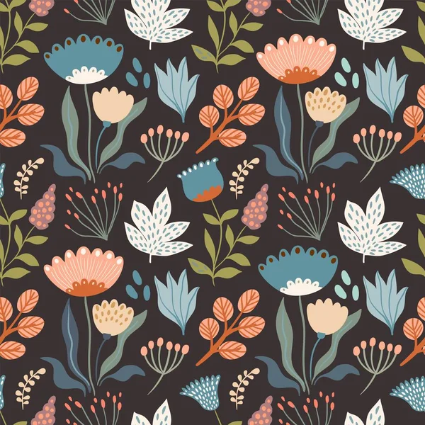 異なる花や植物と秋の花シームレスパターン 季節のデザイン — ストックベクタ
