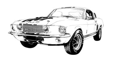 Las Vegas, ABD, Kasım 1929, Ford Mustang 1967 Shelby, beyaz arka planda elle çizilmiş spor araç.