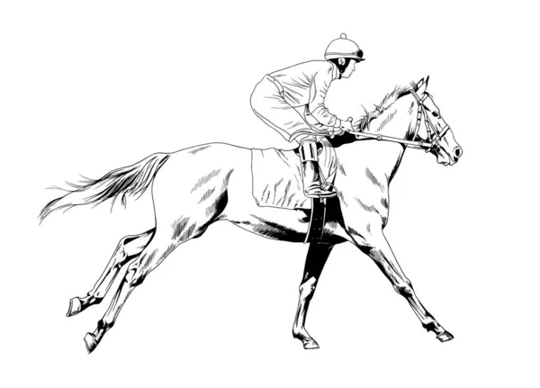 Jockey Sur Cheval Galopant Peint Encre Main Sur Fond Blanc — Photo