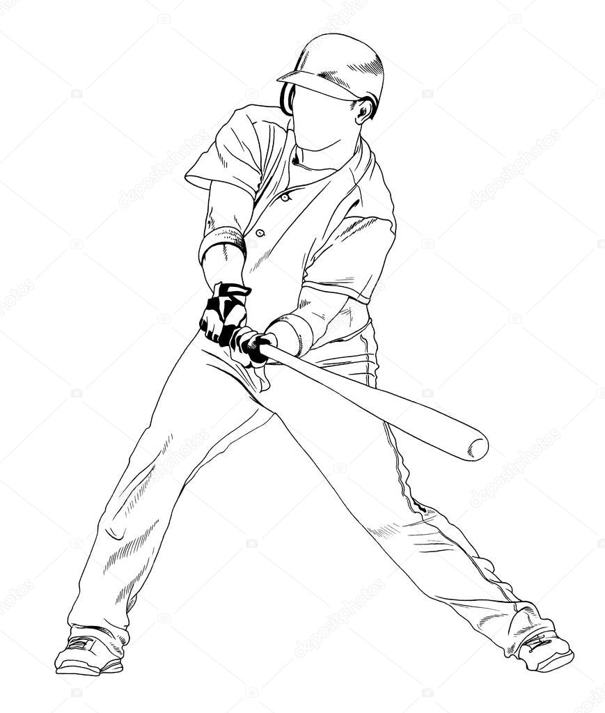 a baseball player with a bat drawn in ink by hand on a white background