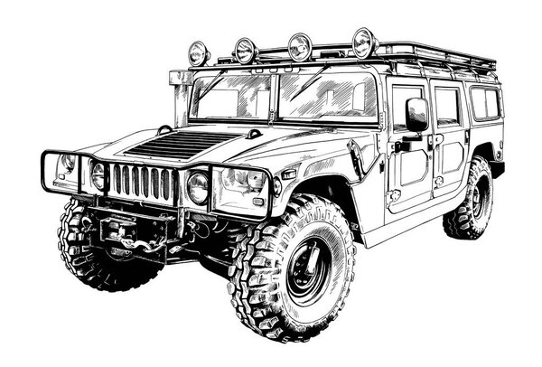 Нью-Йорк, США, 20 ноября 2015, Hummer H1 2014, внедорожник, нарисованный чернилами от руки на белом фоне