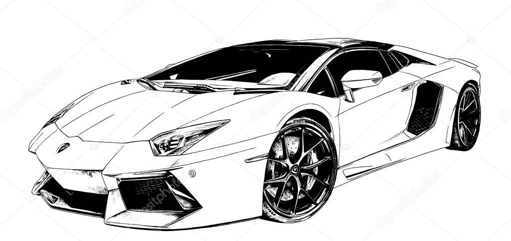 Las Vegas , United States , November 2021 ,Lamborghini Aventador SV 2018 , sport vehicle drawn in ink by hand on a white background