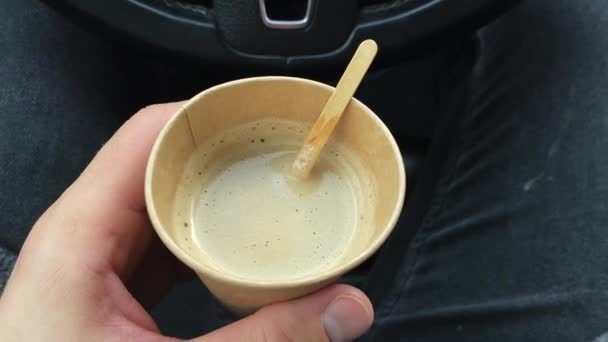 Close View Hot Coffee Eco Cup Wooden Spoon Male Hand — Stock Video