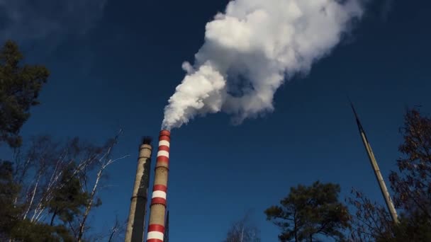 Termal Daya Pabrik Cerobong Asap Bekerja Musim Dingin Polusi Udara — Stok Video