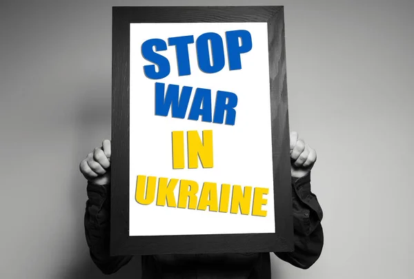 Stoppt Den Krieg Der Ukraine Mann Mit Schwarzem Bilderrahmen Schwarz — Stockfoto