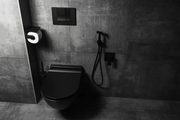 Fotografía Detalles Baño Negro Mate Con Paredes Grises Oscuras Área — Foto de Stock