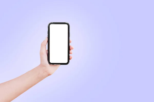 Hand Hålla Smartphone Med Mockup Bakgrund Mycket Peri Färg Närbild — Stockfoto