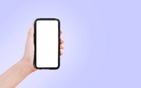Närbild Hand Hålla Smartphone Med Mockup Bakgrund Mycket Peri Färg — Stockfoto