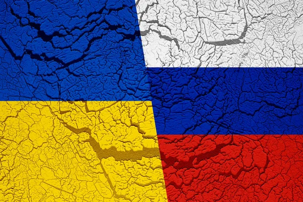 Foto Texturizada Bandera Ucrania Rusia Fondo Pared Agrietada —  Fotos de Stock