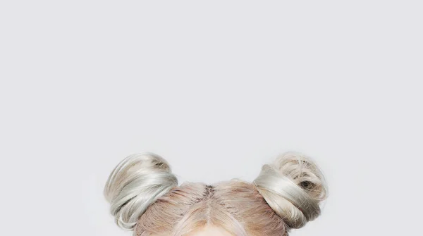 Close Two Blonde Hair Buns Copy Space Concept — Stock Photo, Image