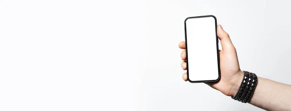 Panoramabanderoll Med Kopieringsutrymme Smartphone Med Blank Skärmen Vit — Stockfoto
