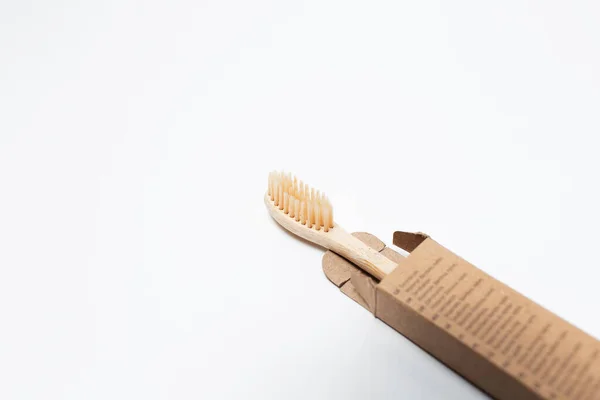 Close Bamboo Toothbrush Cardboard Eco Box White Background — Stock fotografie