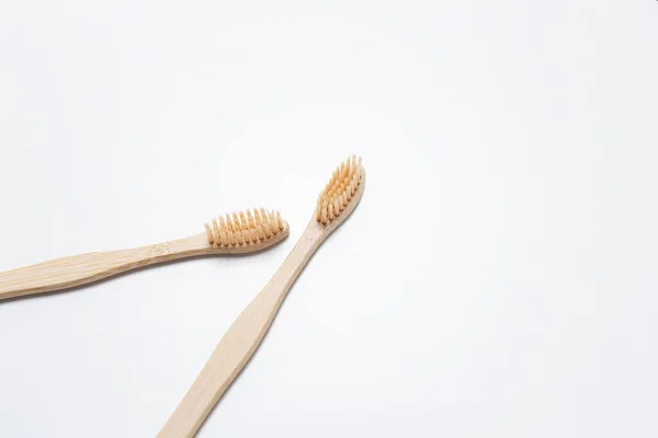 Close Two Bamboo Toothbrushes White Studio Background — Stock Photo, Image