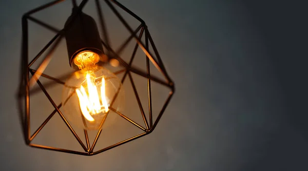 Close Hanging Lamp Glowing Warm Light Dark Background Good Idea — Stock Photo, Image