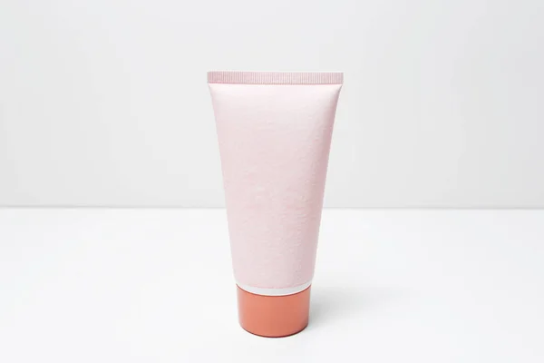 Close Van Cosmetische Tube Fles Pastel Roze Kleur Wit Grijze — Stockfoto
