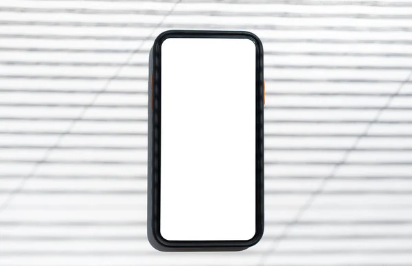 Närbild Ovanifrån Smartphone Med Tomt Skärmen Randig Bakgrund — Stockfoto