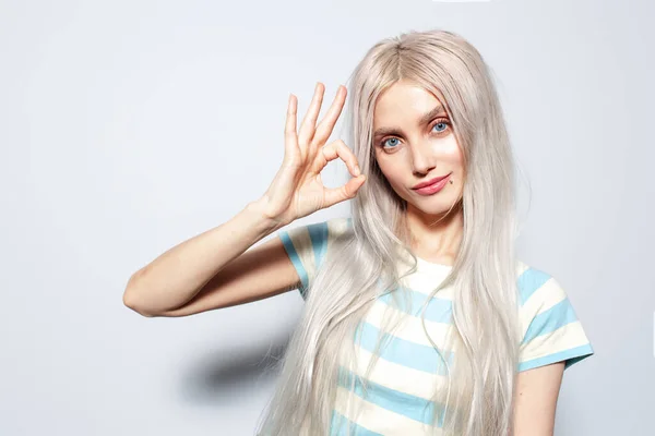 Portrait Beautiful Blonde Girl Showing Gesture White Background — Stock Photo, Image