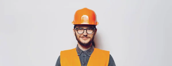 Portrait Young Construction Worker White Background Panoramic Banner — ストック写真