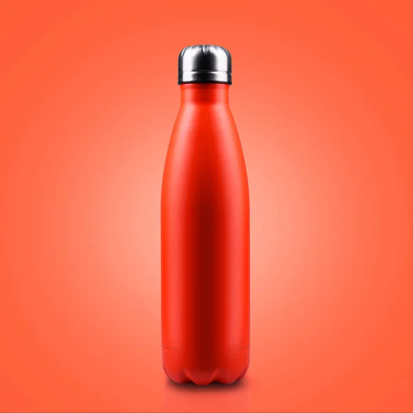 Close Red Thermo Water Bottle Red Background Eco Reusable Concept — Stockfoto