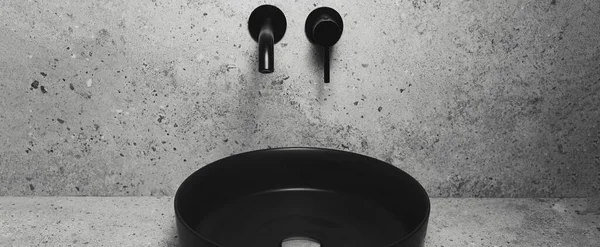 Lavabo Negro Mate Grifo Lavabo Montado Pared Baño Banner Panorámico — Foto de Stock