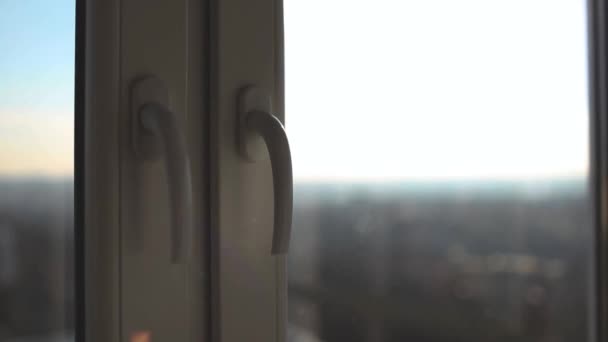 Close Handle Plastic Windows Sunny Day Background Blurred Sky — Wideo stockowe