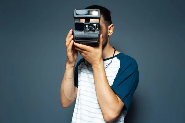 Studio Portrait Young Man Photographer Making Photo Polaroid Camera — Foto Stock