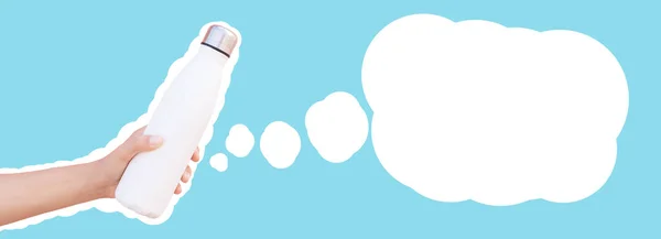 Metal water bottle in hand contoured with white on blue with blank speech bubble. Panoramic banner. Copy space.