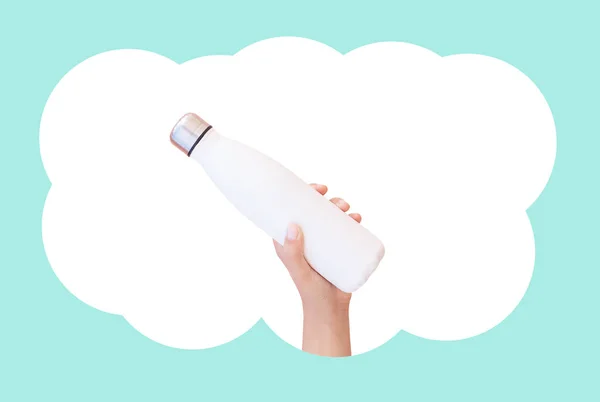 Female Hand Holding Metal Water Bottle White Blank Speech Bubble — Zdjęcie stockowe