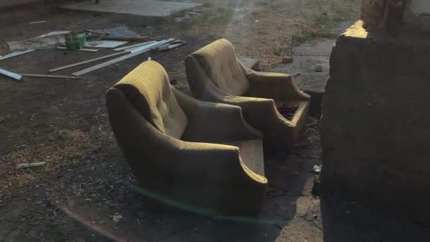 Old Abandoned Armchairs Sunset — Wideo stockowe