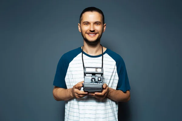 Studio Portrait Young Man Photographer Making Photo Polaroid Camera — Stock fotografie