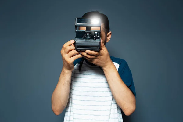 Studio Portrait Young Man Photographer Making Photo Polaroid Camera — Stock fotografie