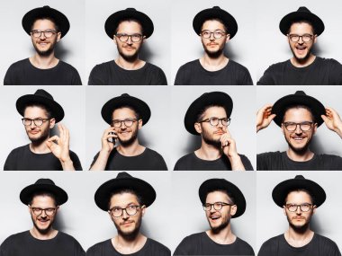 Collage of people. Studio portrait of young confident guy on white background, wearing black round hat and eyeglasses, making thoughtful, serious and happiness emotions. Panoramic banner.