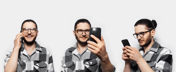 Collage People Studio Portrait Young Happy Guy Using Smartphone White — Foto Stock