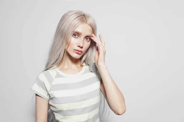 Studio Portrait Serious Beautiful Young Girl Blonde Hair Striped Shirt — ストック写真