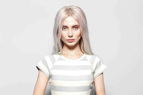 Studio Portrait Serious Pretty Young Girl Blonde Hair Striped Shirt — Fotografia de Stock