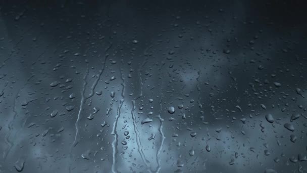Close Raindrops Pouring Window Blurred Cloudy Dark Sky Natural Background — Wideo stockowe