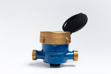 Close-up of water meter for cold water on white background.
