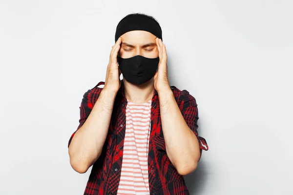 Studio Portrait Handsome Man Wearing Black Protective Mask White Background — Stockfoto