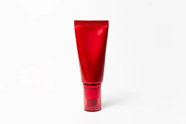 Close Cosmetic Tube Bottle Red Color Isolated White Background — Stockfoto