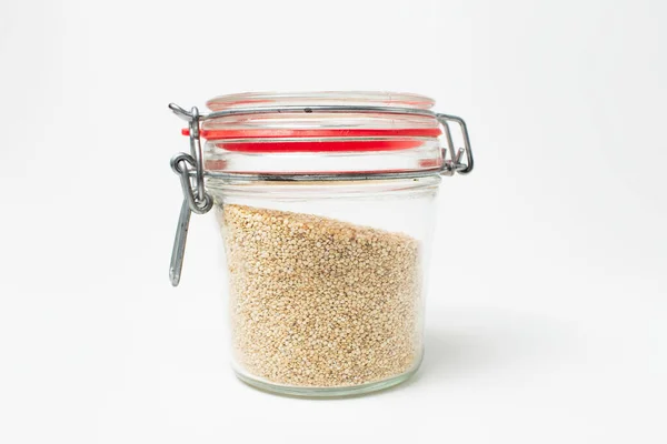Close Jar Quinoa Isolated White Background — Foto Stock