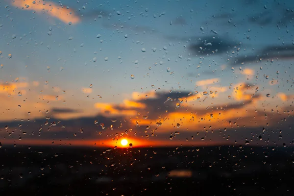 Close Raindrops Window Background Beautiful Colourful Sunset Natural Abstract Background — 图库照片