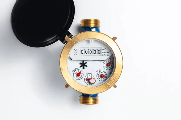Close Water Meter Cold Water White Background — Foto de Stock