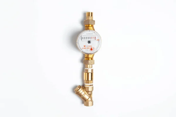 Close Top View Water Meter Hot Water Isolated White Background — Foto de Stock