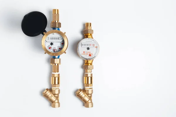 Close Two Water Meters Hot Cold Water Isolated White Studio — Foto de Stock