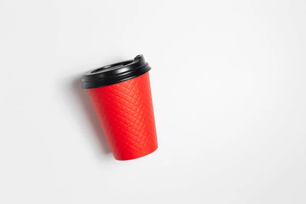 Top View Paper Cup Black Plastic Lid Coffee Takeaway Red — Zdjęcie stockowe