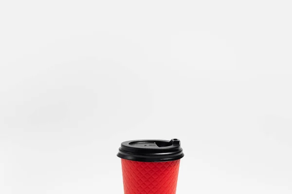 Close Paper Cup Black Plastic Lid Coffee Takeaway Red Color — Stock Photo, Image